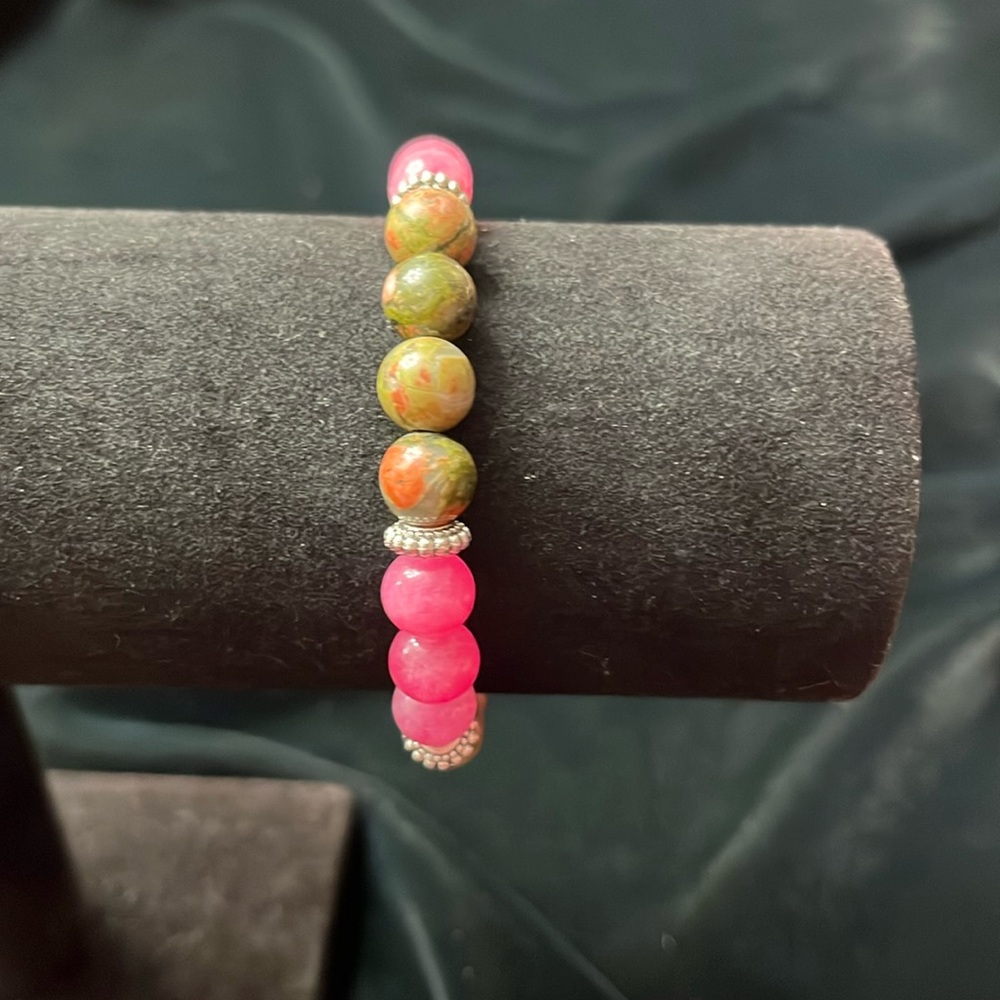Pink & Green Glass Beaded Bracelet W Silvertone Textured Spacers